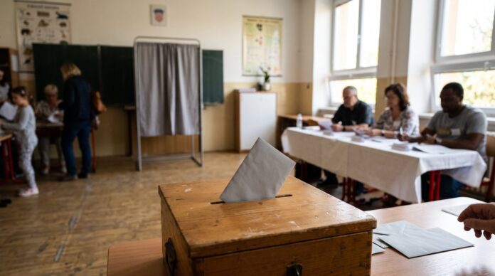 Volební místnost ve škole s urnou, plentou a volební komisí Volební místnost ve škole s urnou, plentou a volební komisí