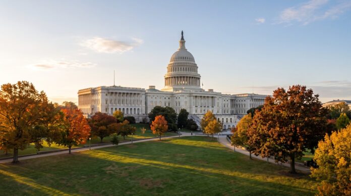 Budova Kapitolu ve Washingtonu, sídlo Kongresu USA, za podzimního rána Budova Kapitolu ve Washingtonu, sídlo Kongresu USA, za podzimního rána