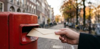 Volič v zahraničí vhazuje obálku do poštovní schránky