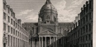 Historická rytina nádvoří pařížské univerzity Sorbonna s kupolí kaple