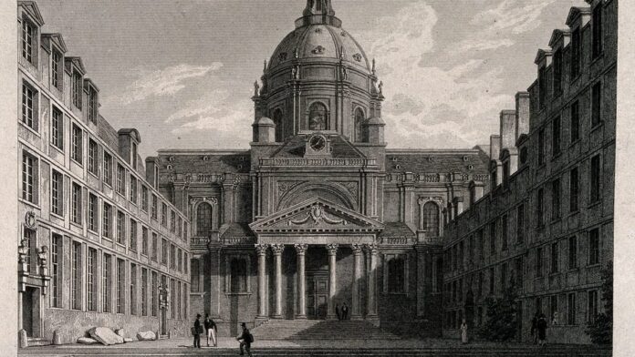 Historická rytina nádvoří pařížské univerzity Sorbonna s kupolí kaple Historická rytina nádvoří pařížské univerzity Sorbonna s kupolí kaple