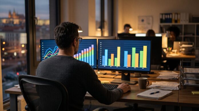 Analytik porovnává na monitorech grafy volebních průzkumů Analytik porovnává na monitorech grafy volebních průzkumů