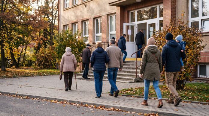 Voliči přicházejí ke vchodu školy s volební místností Voliči přicházejí ke vchodu školy s volební místností